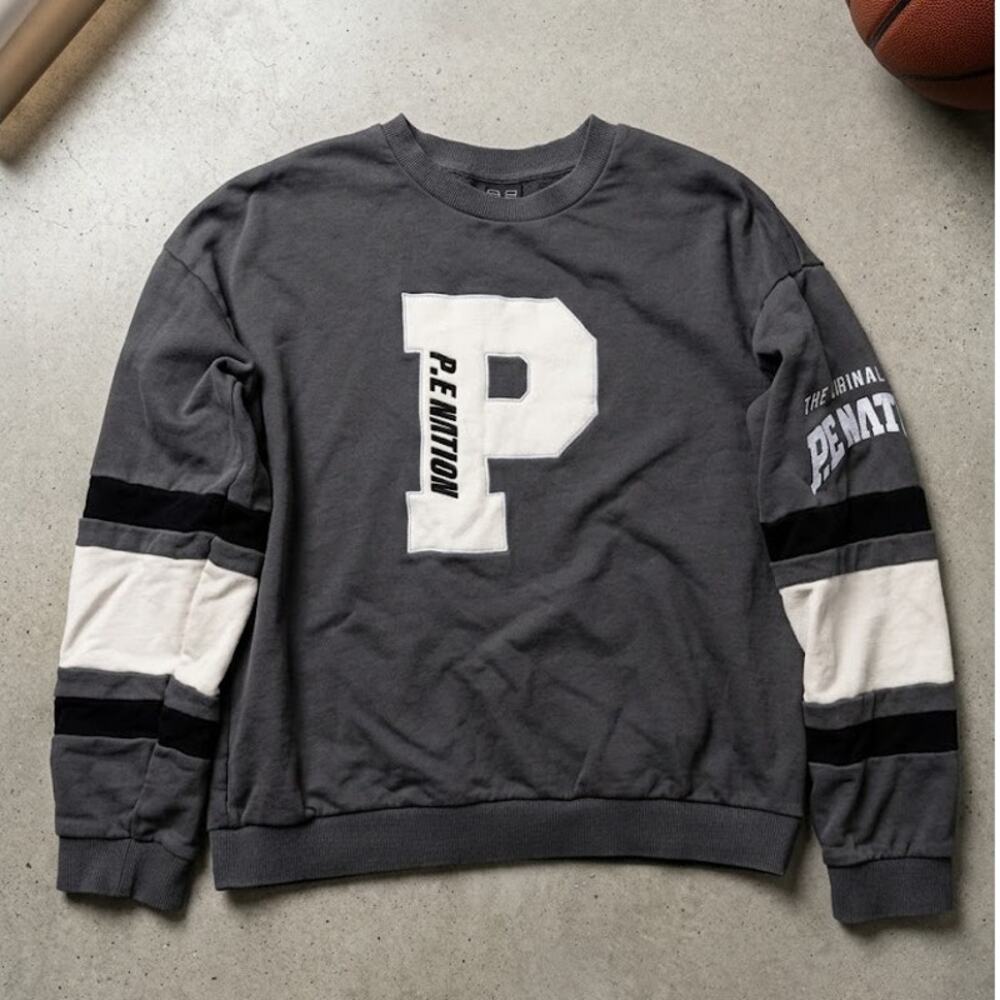 PE Nation Womens Small Grey Sweatshirt Organic Cotton Colorblock Varsity Patch
